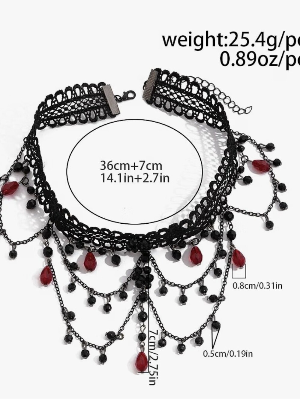 Black Lace Gothic Choker Necklace with Red Gem Accents - Picture 4 of 6